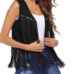 WOMEN'S TASSEL VEST FAUX SUEDE RIVETS
